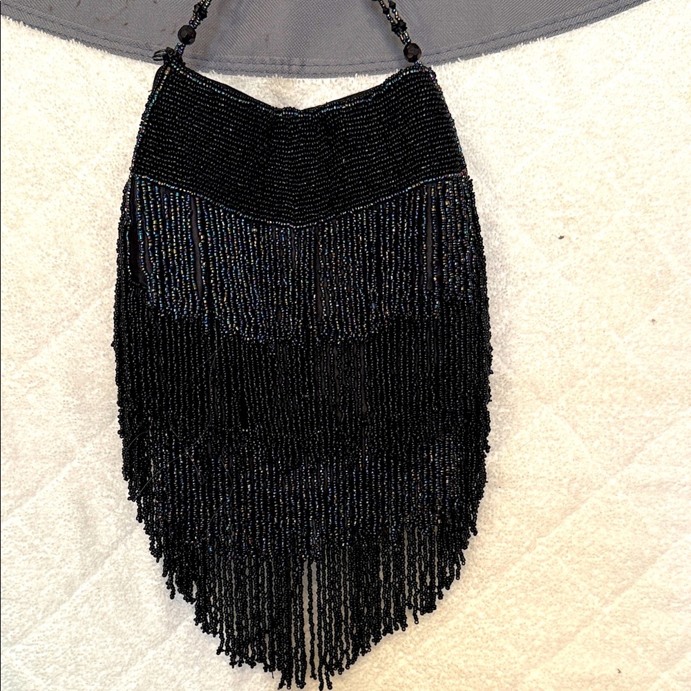 H & M Elegant Black Beaded Fringe wrist hand bag